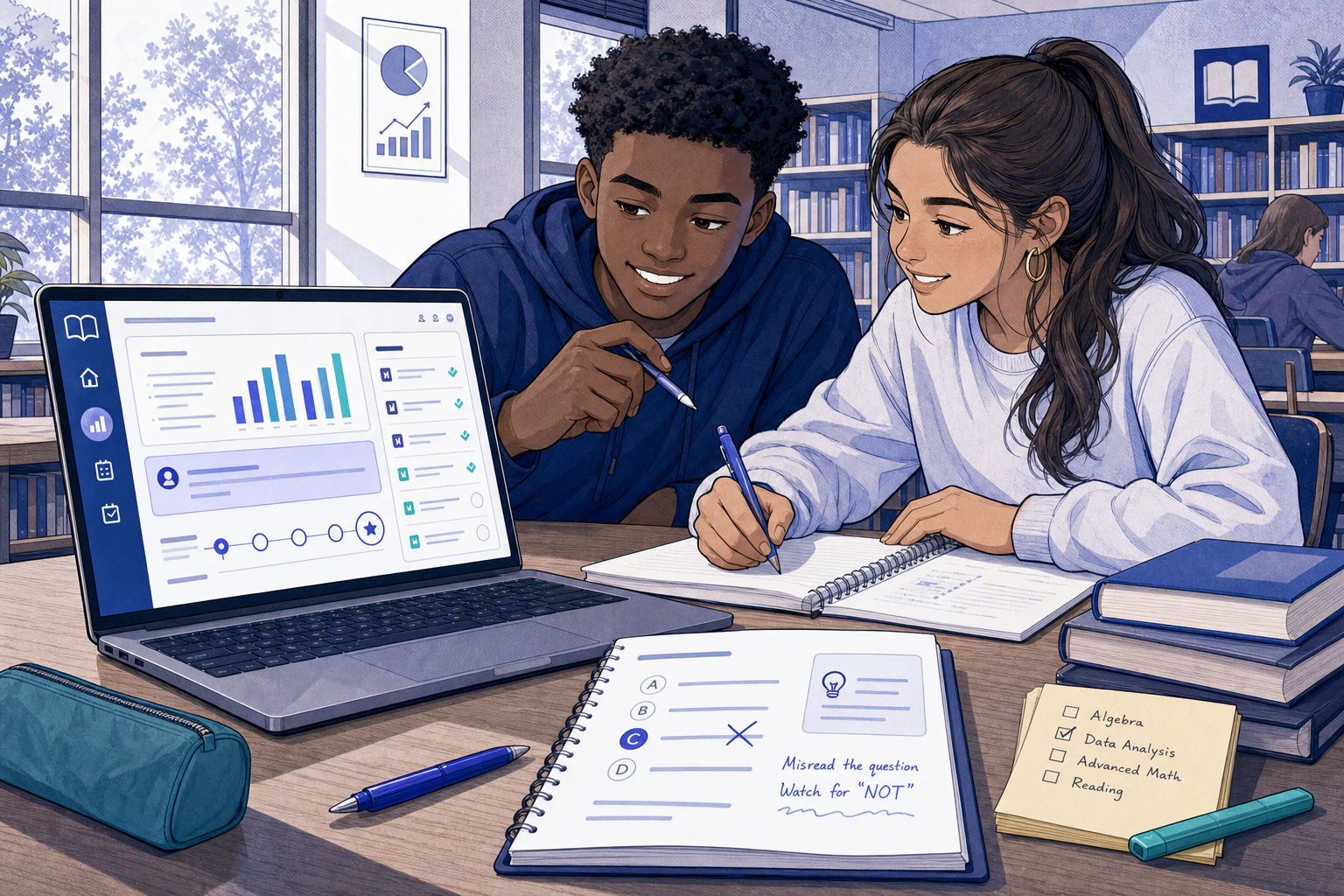 Two American high school students reviewing SAT weak-domain analysis and a mistake-bank study plan