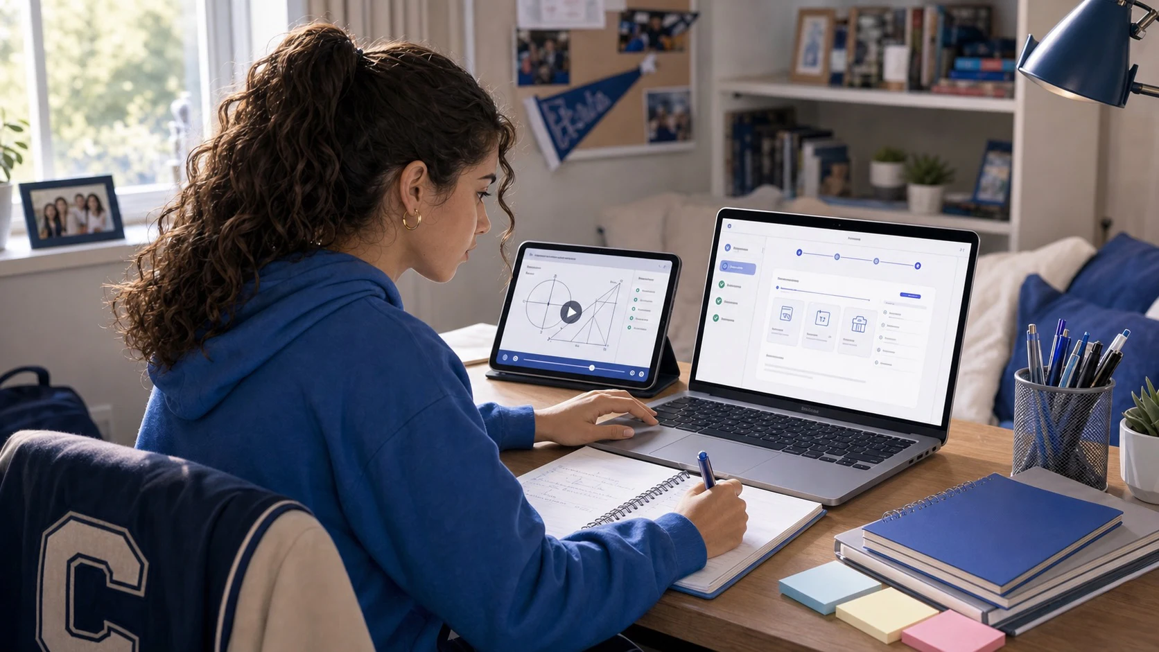 American high school student moving from an SAT video lesson to an adaptive mock at home