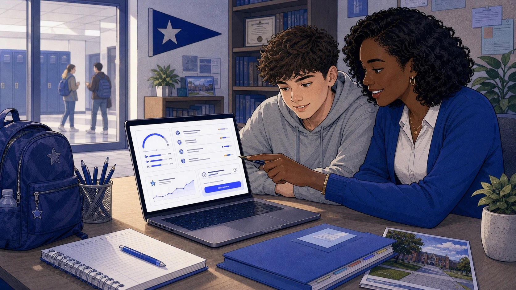 American high school student reviewing transparent SAT target analysis with a school counselor