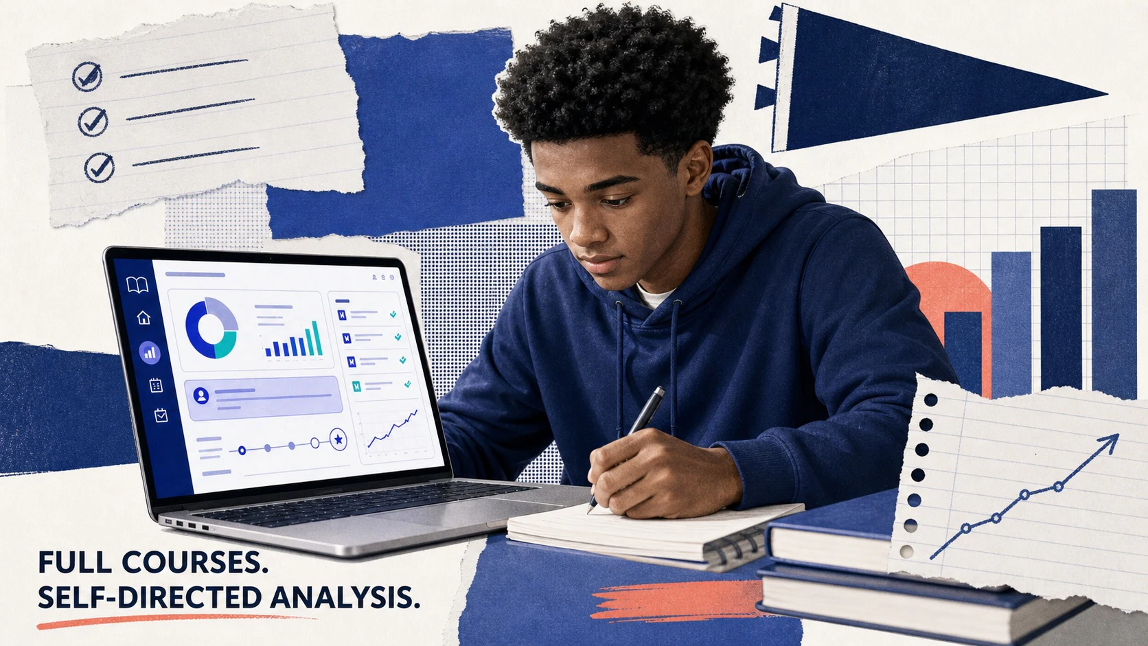 Editorial collage of an American high school student using a self-directed SAT analysis dashboard