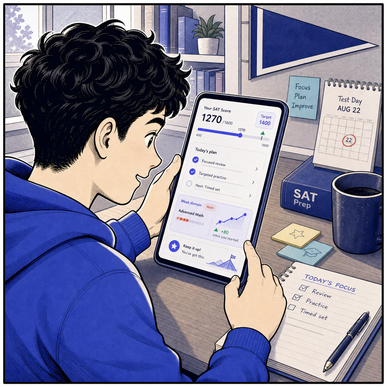 A student using the PrepScore SAT dashboard to choose today's study plan