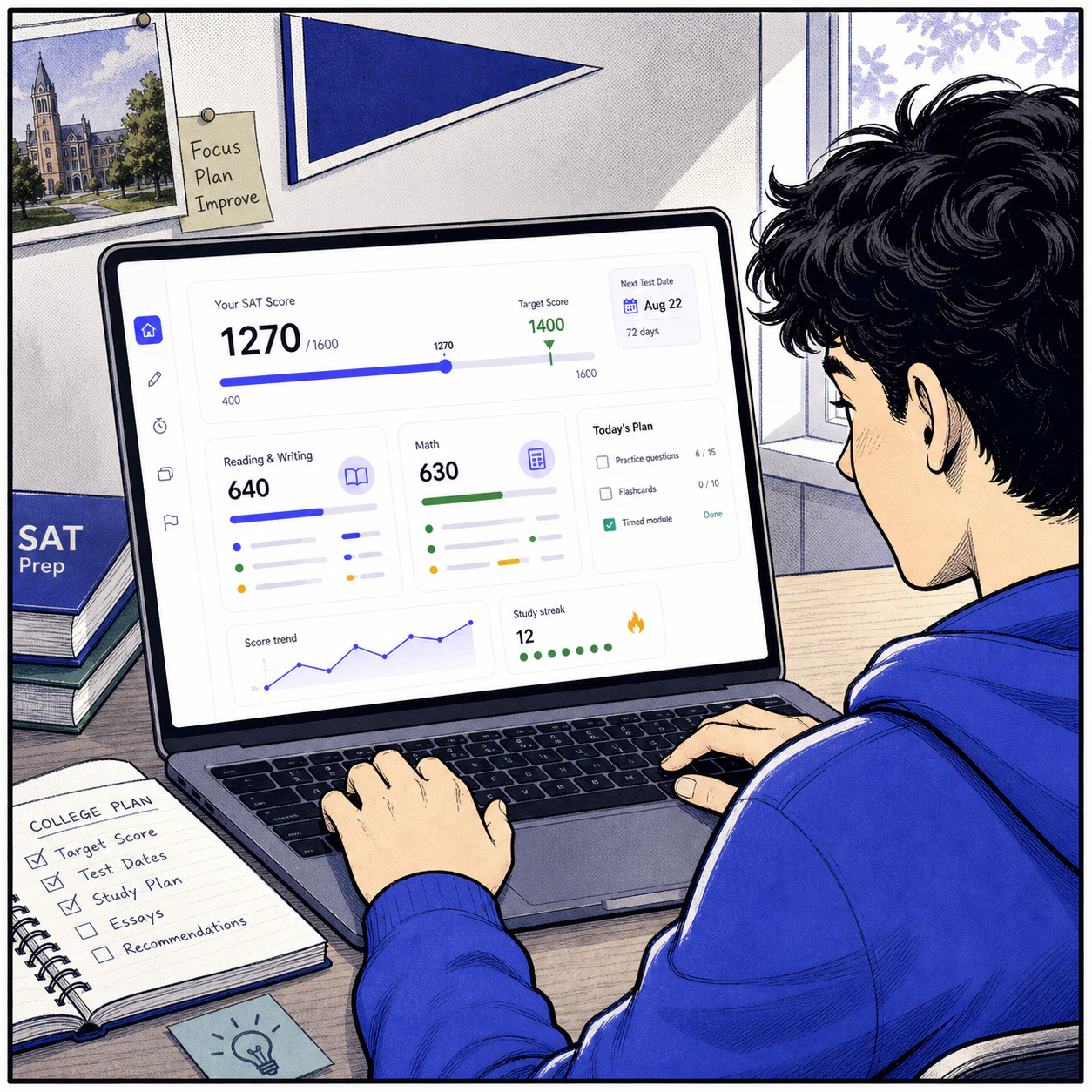 A student viewing a PrepScore SAT dashboard with a current score and target score